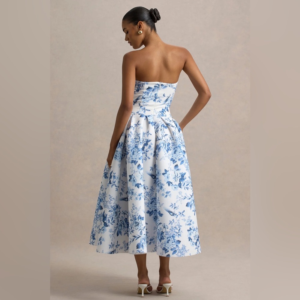 Club L London Blue Porcelain Print Bandeau Midi Dress With Volume Skirt - NWT - Picture 2 of 10